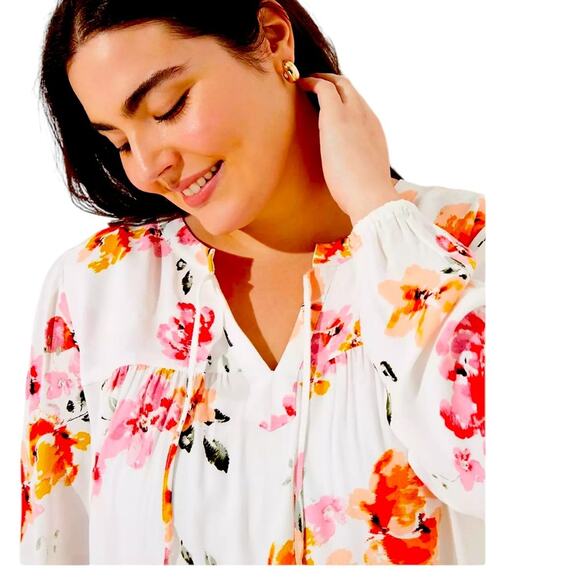 Beautiful LOFT Blossom Shirred Split Neck Blouse, Floral, Flattering, Career, 16 - Picture 1 of 9